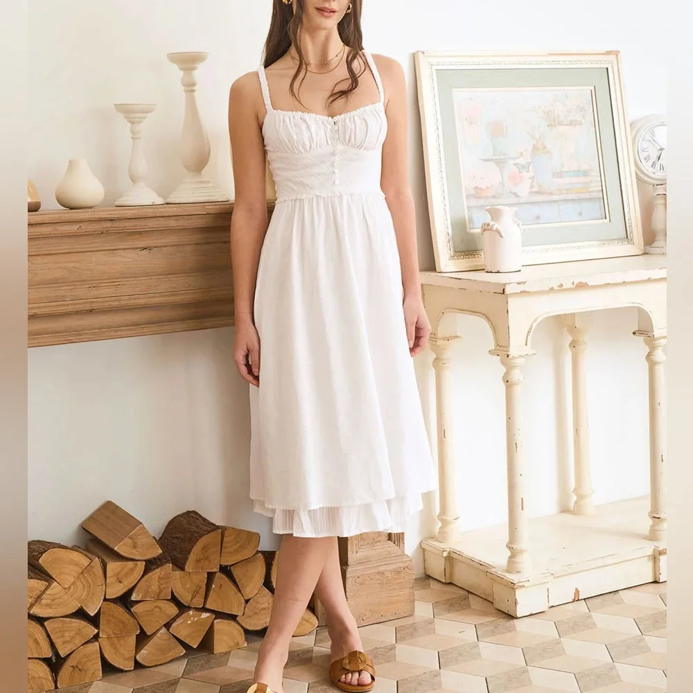 Rihoas White Ruched Slip Cotton Midi Dress - Picture 5 of 9